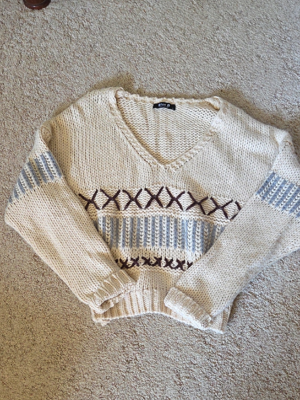 Cozy V-Neck Chunky Knit Oversized Sweater - Cream with Blue & Brown Pattern